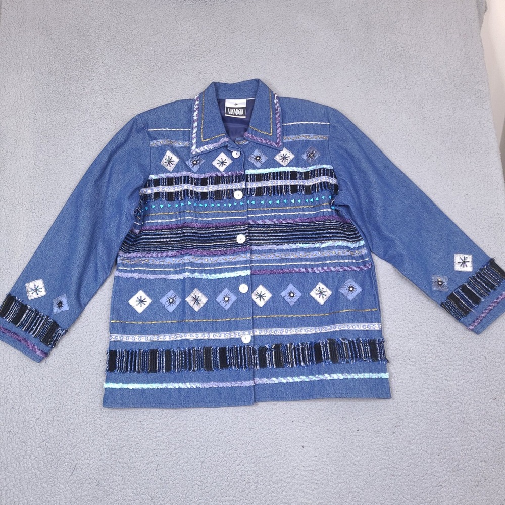 Yak Magik Denim Jacket Womens XL Blue Geometric Boho Shacket Embellished